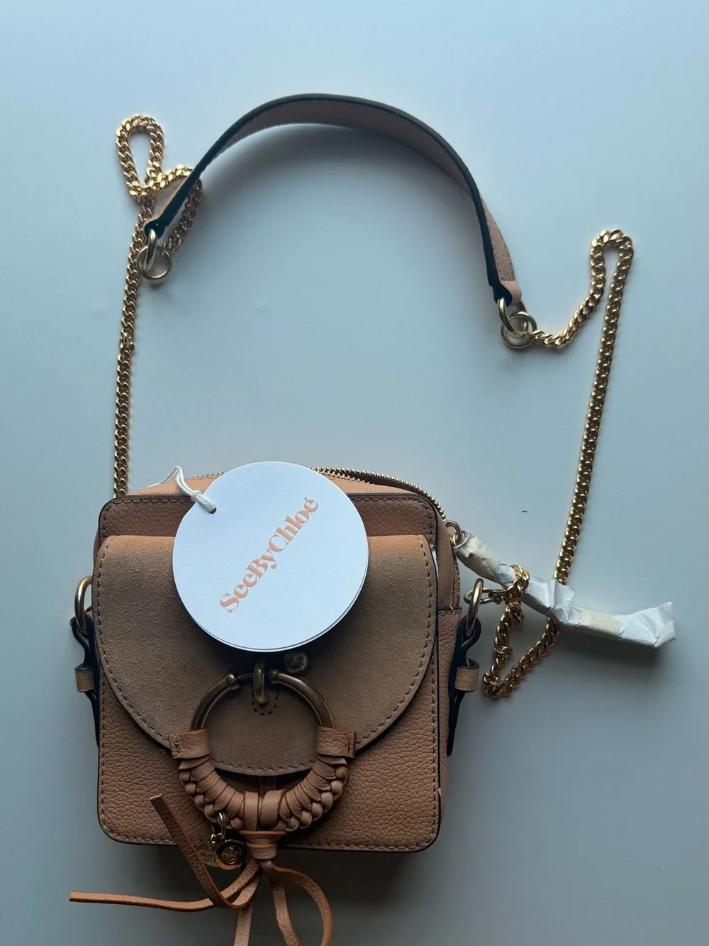 See By Chloe Blush Pink Suede & Leather Crossbody with Gold Ring